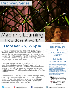 Poster for the October 23, 2019 Digital Futures Discovery Series presentation "Machine Learning – How Does it Work?!?," by Andromeda Yelton of Harvard's Berkman-Klein Center