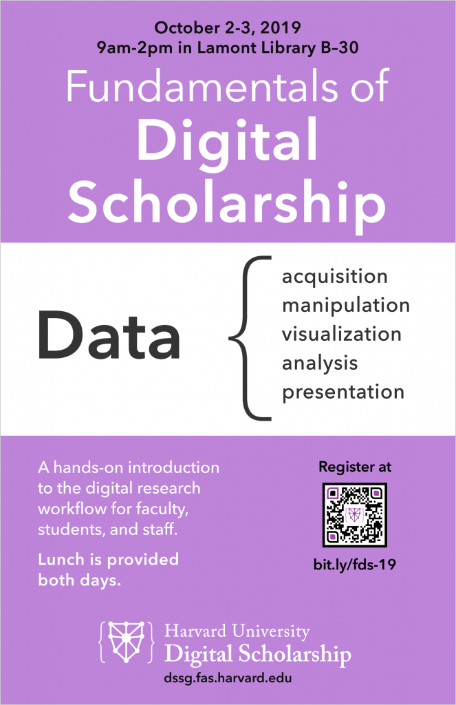 Poster for the Fall 2019 Fundamentals of Digital Scholarship Seminar, offered by Harvard DSSG